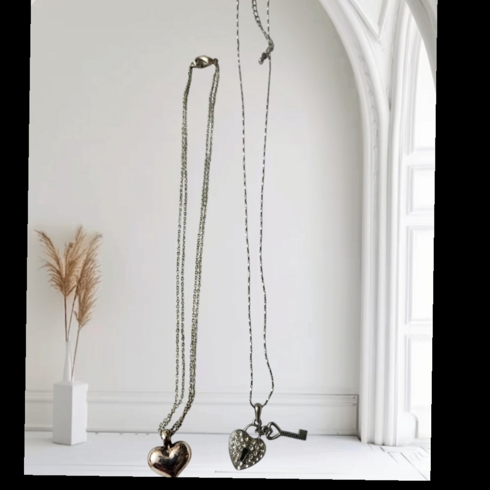 Heart Lock and Key silver chain●Two ❤️ Necklaces Heart Sets●